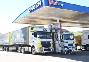 Truck stopped at Engen garage