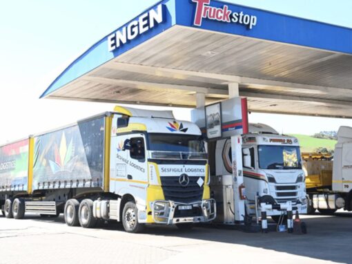 Truck stopped at Engen garage