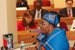 Water and Sanitation Minister Pemmy Majodina speaking at a UN event