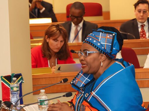 Water and Sanitation Minister Pemmy Majodina speaking at a UN event