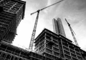 construction site in greyscale from the bottom view up