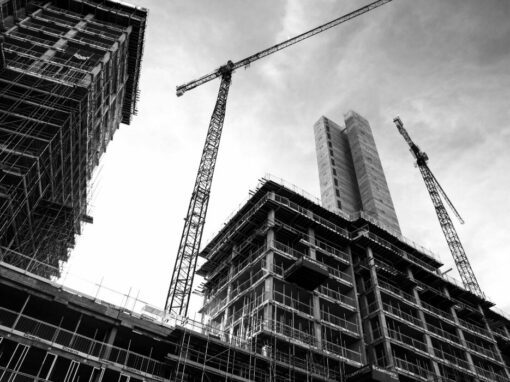 construction site in greyscale from the bottom view up