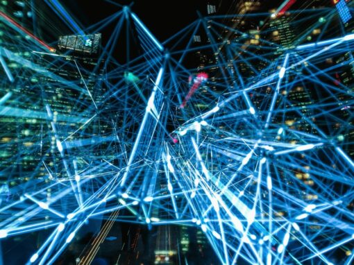 digital data between buildings in bright blue colours