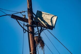 electricity box with a bird nest against a blue sky