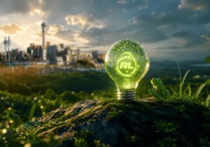 green lightbulb with a reclite logo on a green moss rock