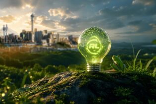 green lightbulb with a reclite logo on a green moss rock