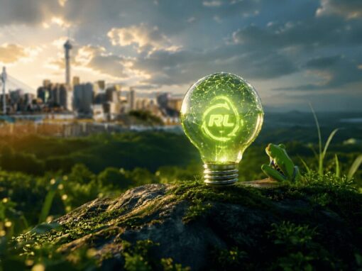 green lightbulb with a reclite logo on a green moss rock