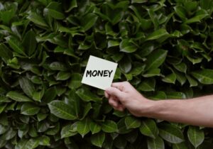 money label held by a hand