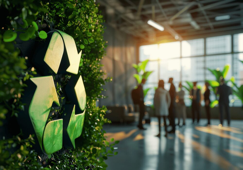 recycling symbol on a green wall with a workforce in the background