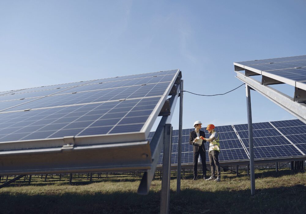 solar panels with engineers between the panels