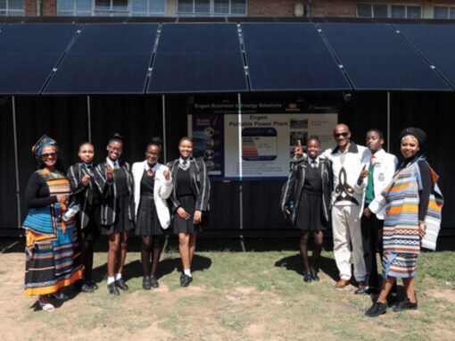 Learners and educators at Ebenezer Majombozi High School at the handover of a new 15kW portable Solar PV container from Engen