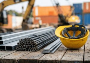 construction raw materials on wooden deck with construction hat