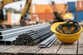 construction raw materials on wooden deck with construction hat