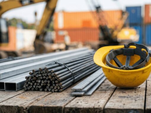 construction raw materials on wooden deck with construction hat